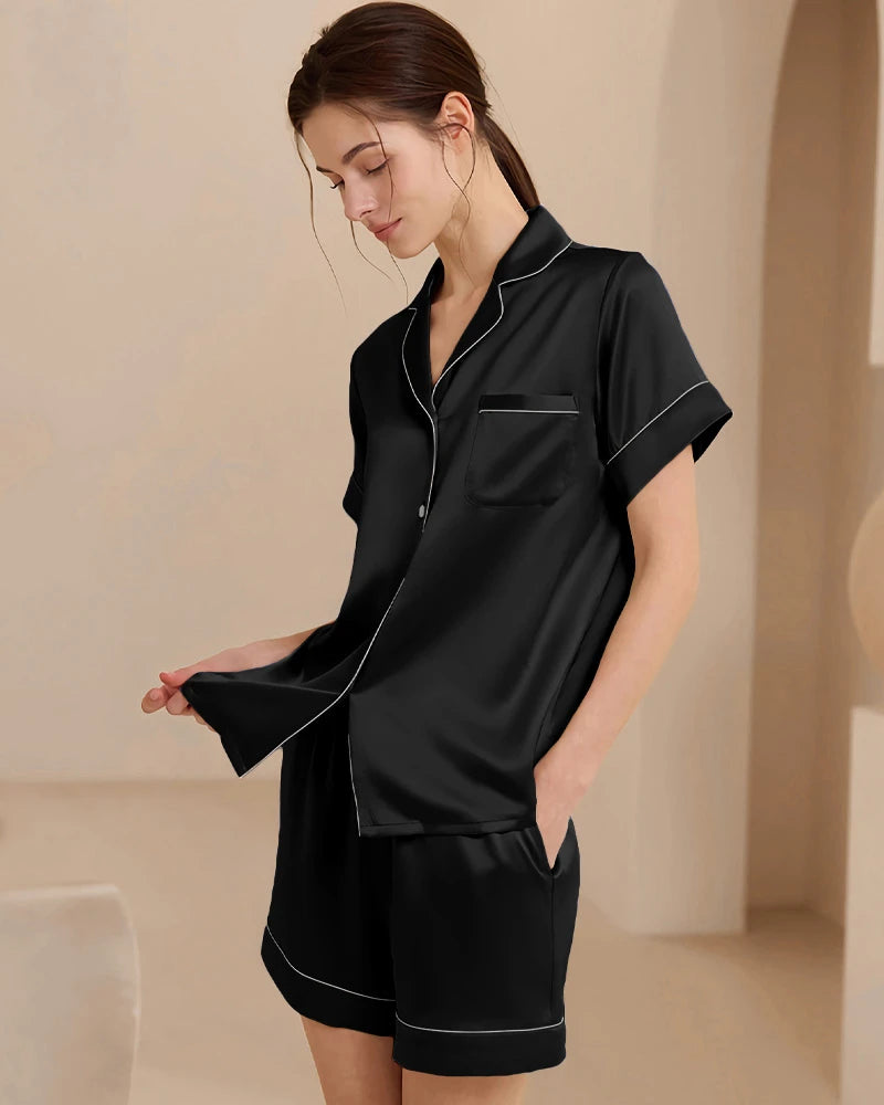 Washable Silk Short Pajama Set, Black