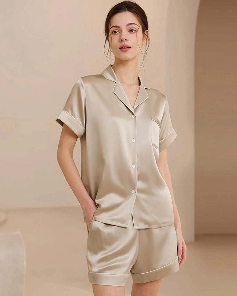 Washable Silk Short Pajama Set, Champagne