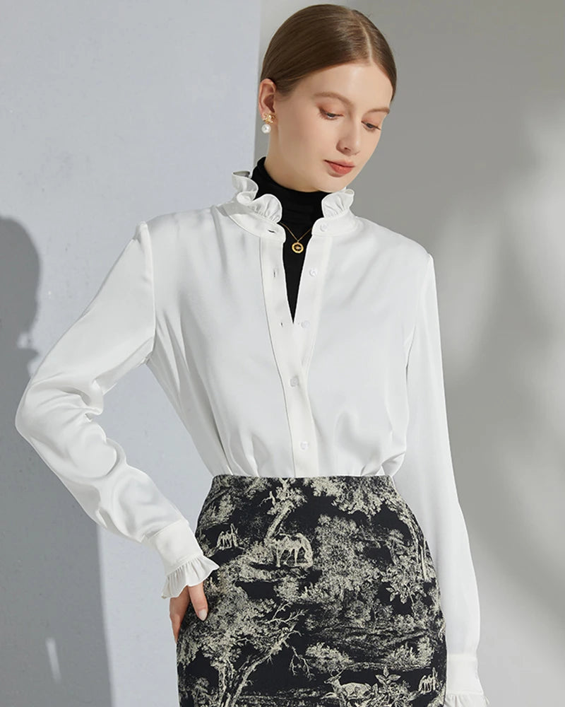 Stand Collar Silk Blouse with Ruffles, White