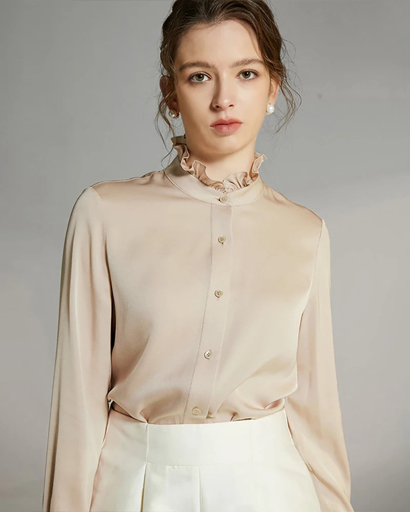 Stand Collar Silk Blouse with Ruffles, Champagne