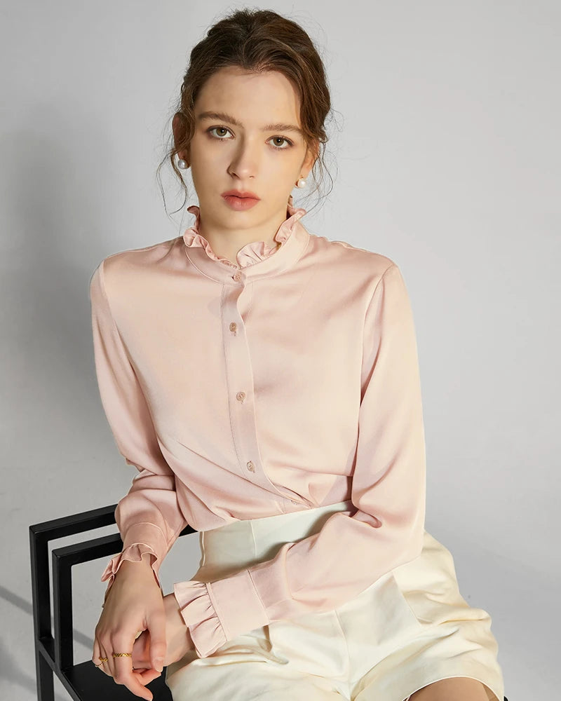 Stand Collar Silk Blouse with Ruffles, Pink