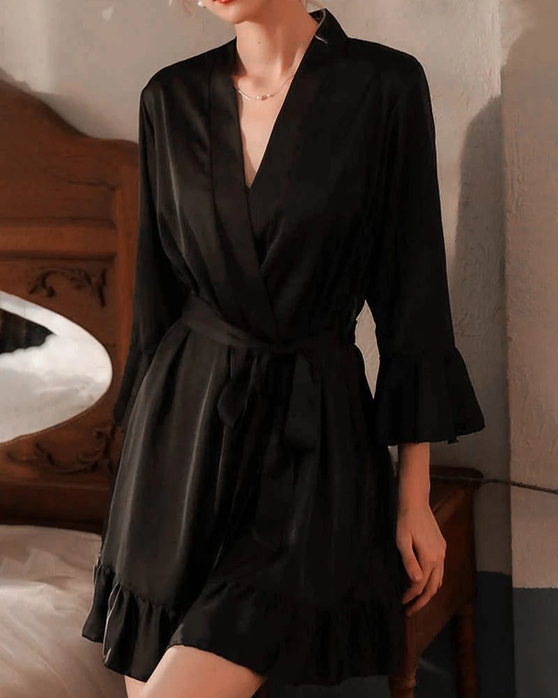 Washable Ruffle Bridal Robe Short Silk Robes, Black