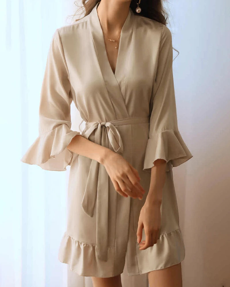 Washable Silk Short Robe with Ruffles, Champagne