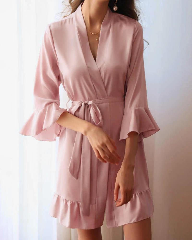Washable Ruffle Bridal Robe Short Silk Robes, Pink