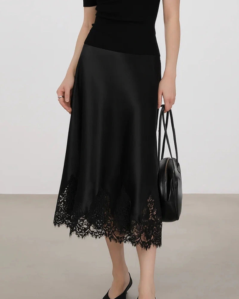 Silk Bias Cut Midi Skirt with Lace Trim - DAISYSILK