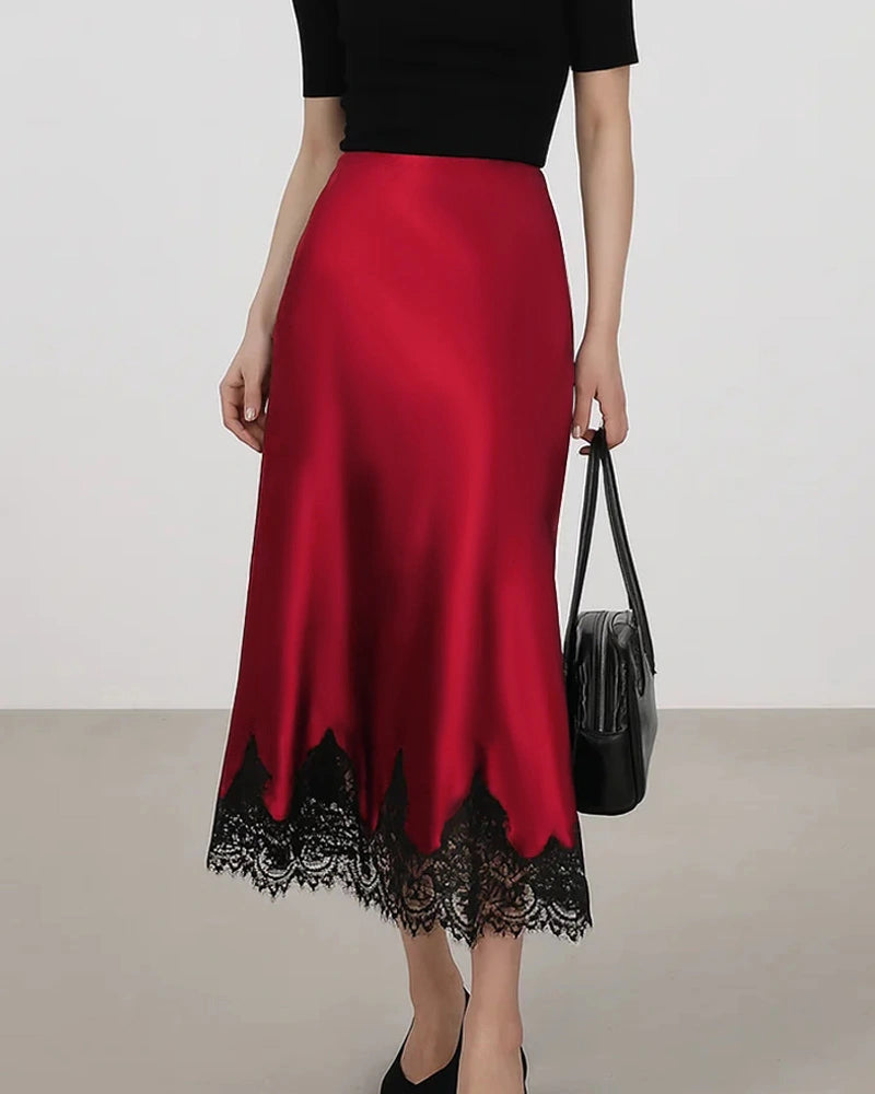 Silk Bias Cut Midi Skirt with Lace Trim - DAISYSILK