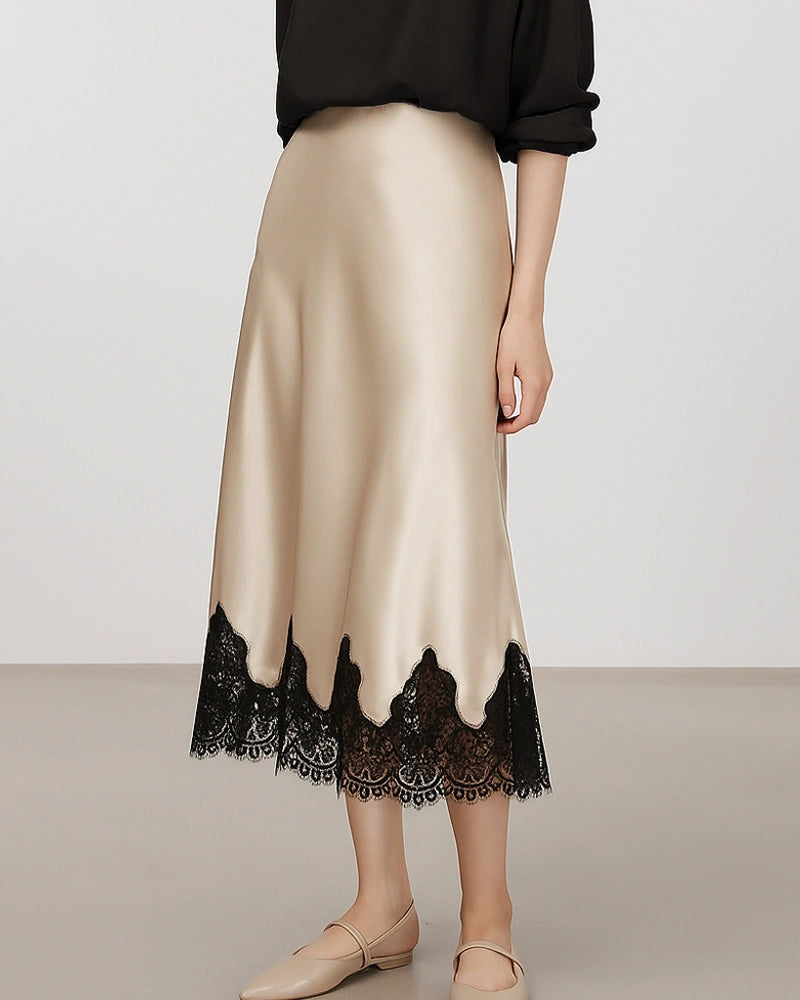 Silk Bias Cut Midi Skirt with Lace Trim - DAISYSILK