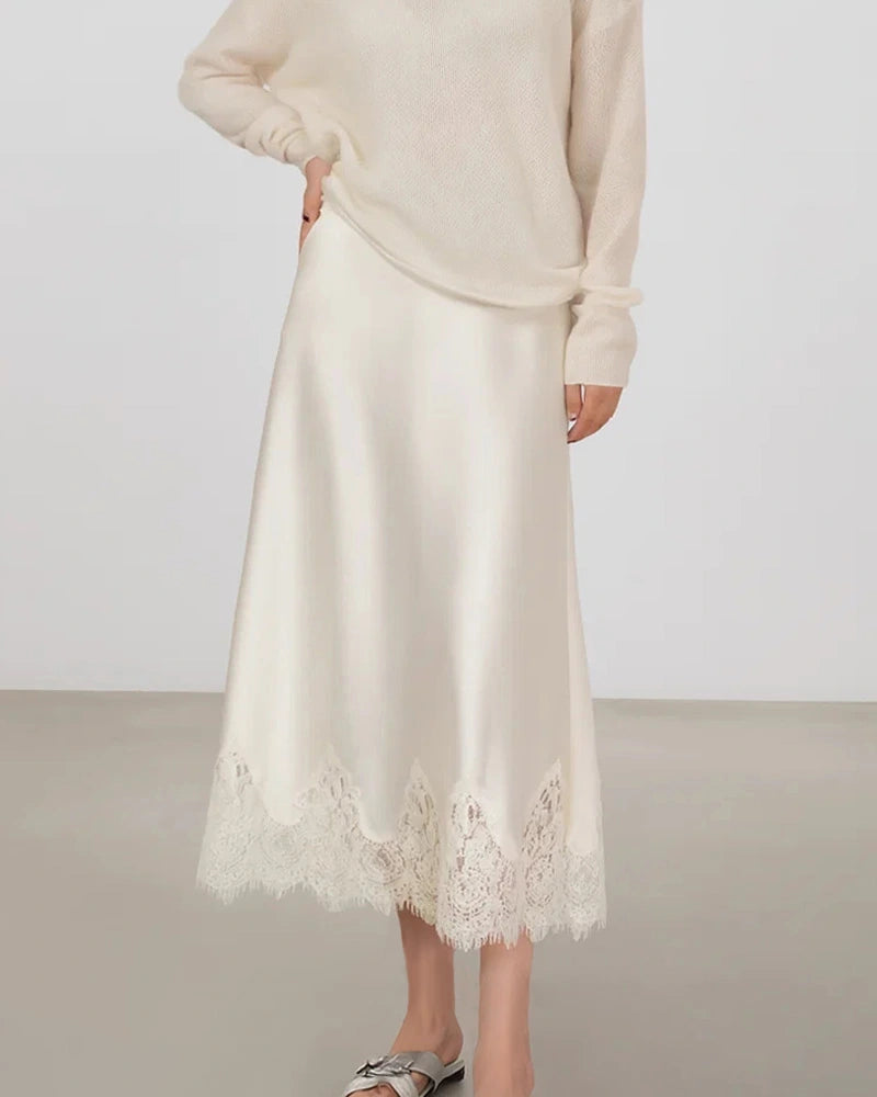 Silk Bias Cut Midi Skirt with Lace Trim - DAISYSILK