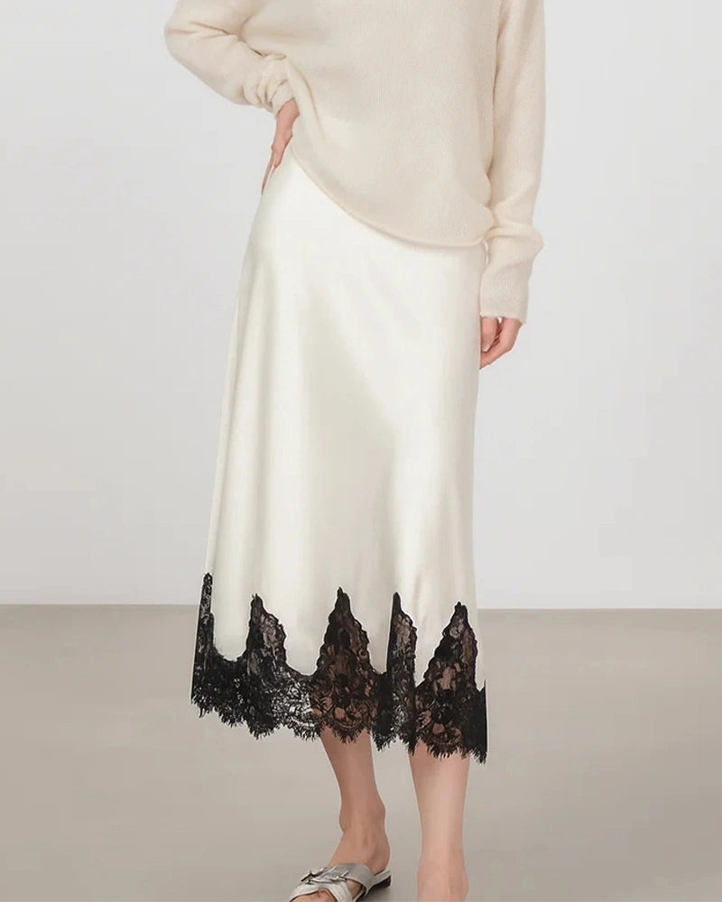 Silk Bias Cut Midi Skirt with Lace Trim - DAISYSILK