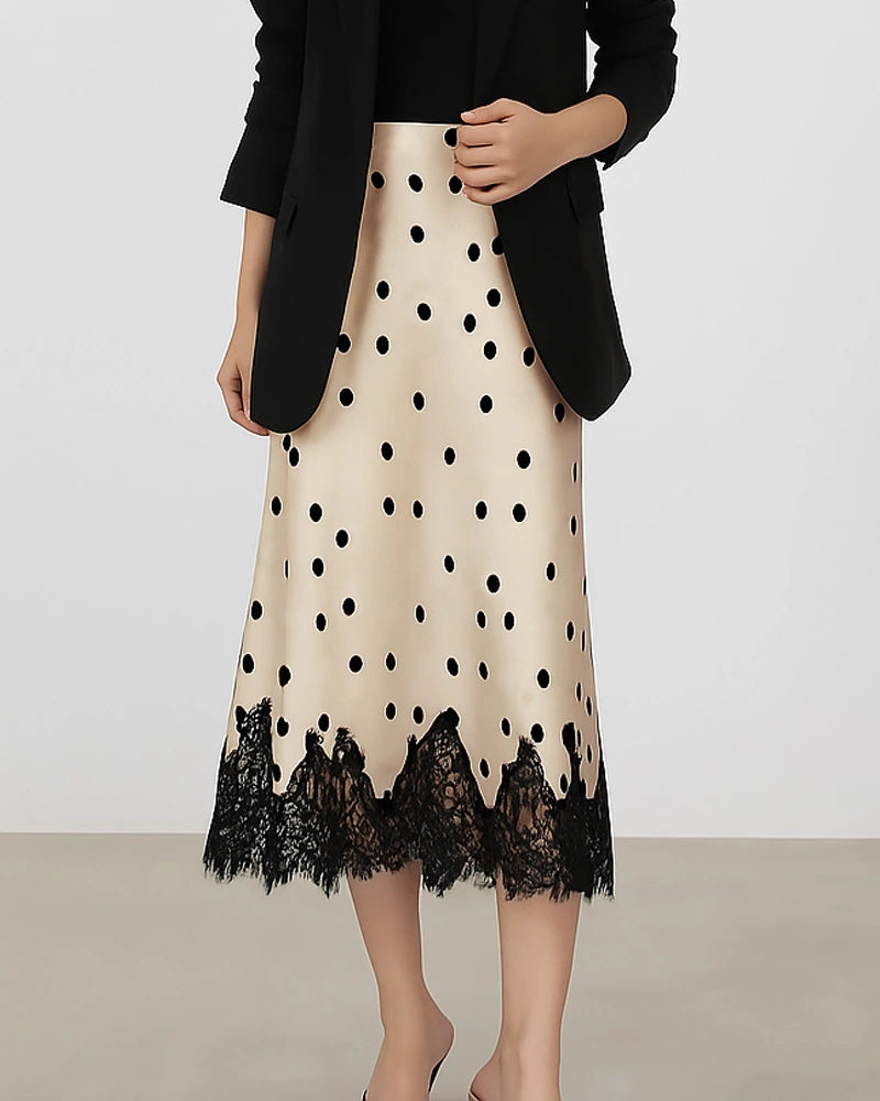 Silk Bias Cut Midi Skirt with Lace Trim - DAISYSILK