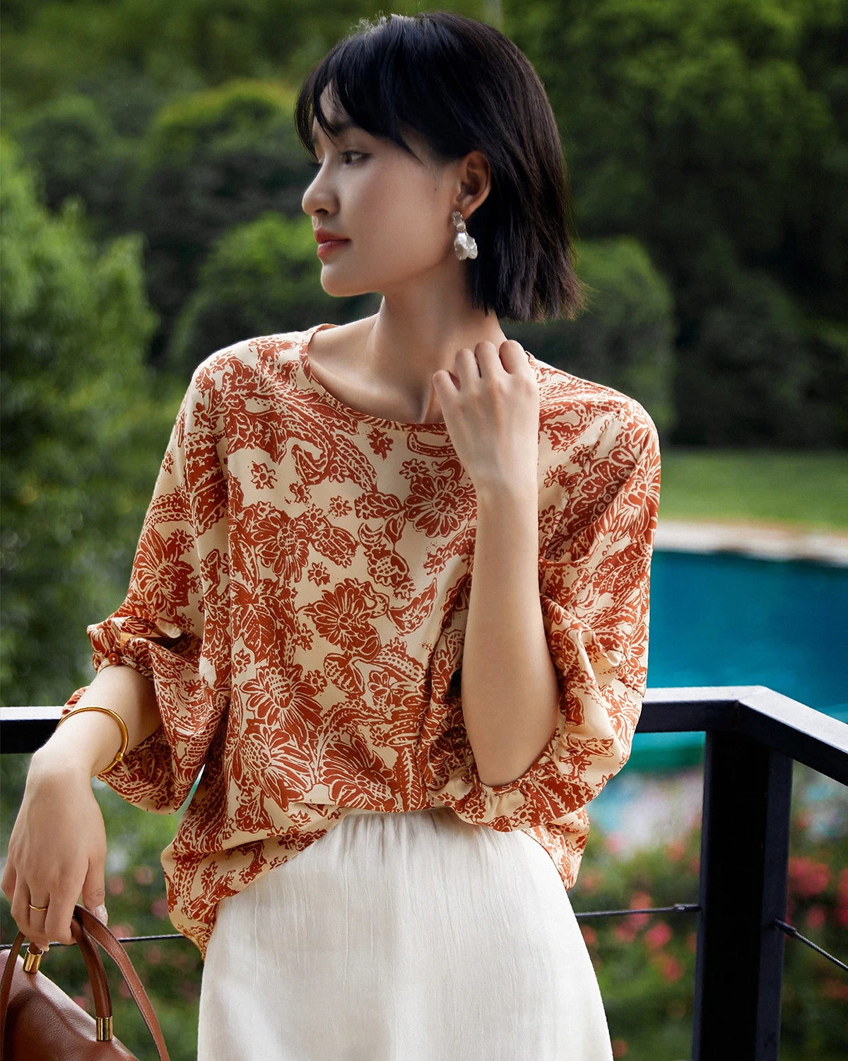 Terracotta Paisley Print Silk Blouse - DAISYSILK