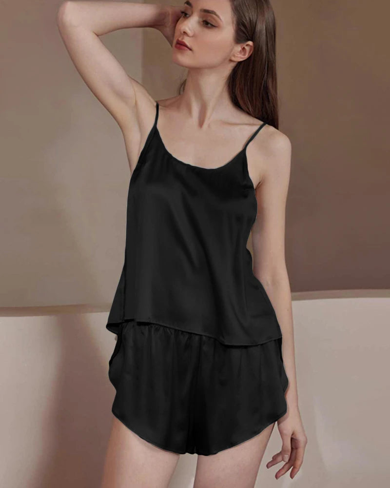 Washable Silk Cami and Shorts Set, Black