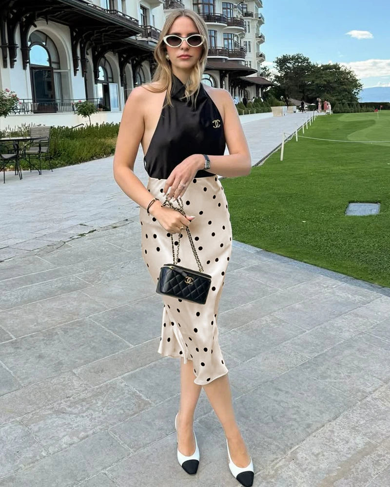 Polka Dot Silk Midi Skirt, Champagne and Black