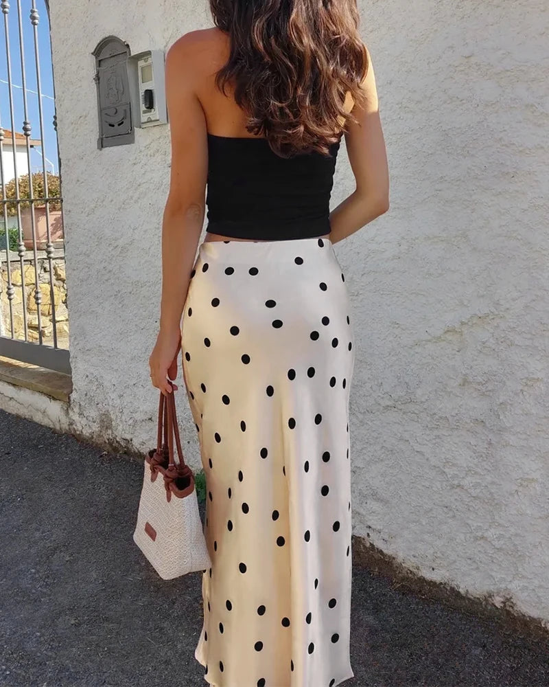 Polka Dot Silk Midi Skirt, Champagne