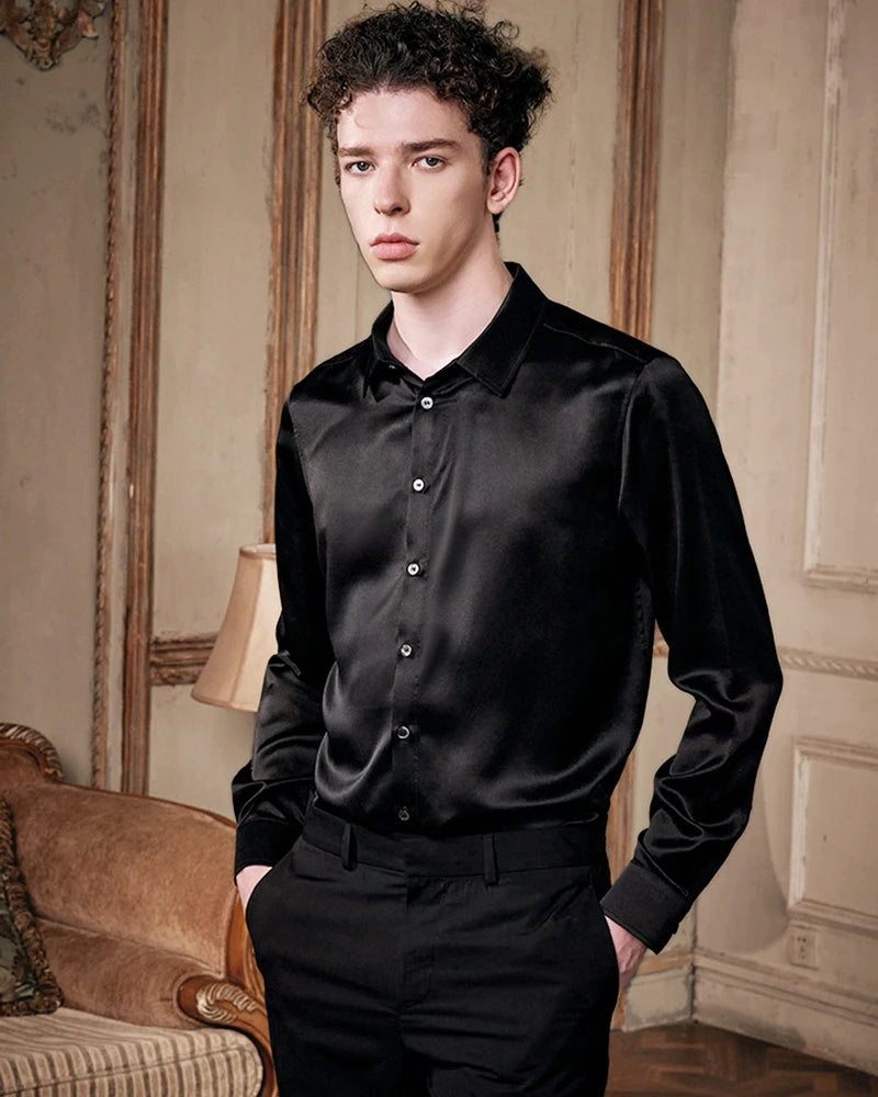 Men's Washable Long Sleeve Silk Shirt, Black