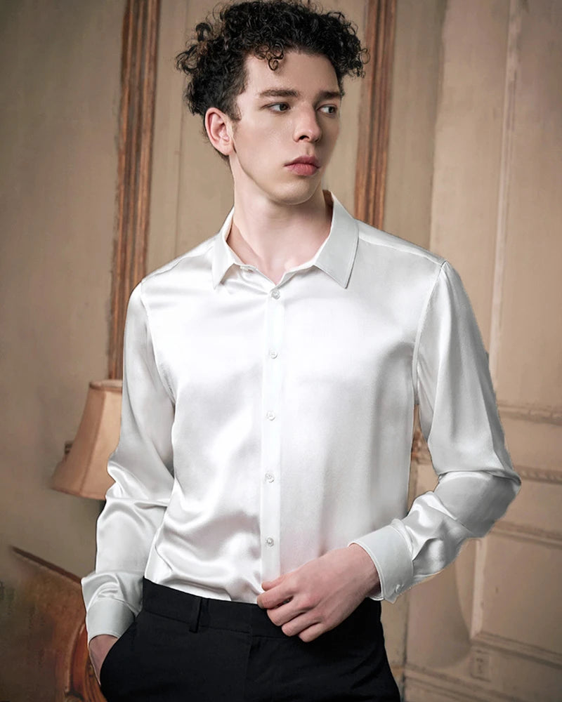 Men's Washable Long Sleeve Silk Shirt, White