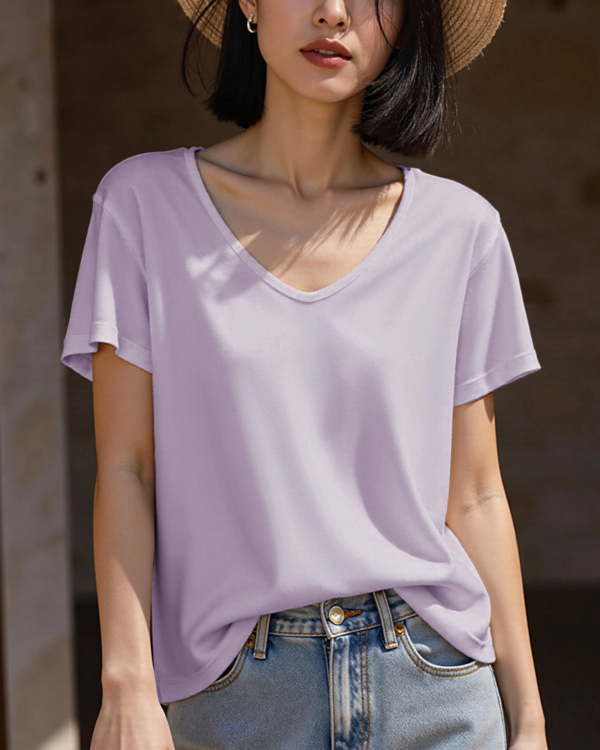 Women’s Silk Jersey V Neck Tee, Purple