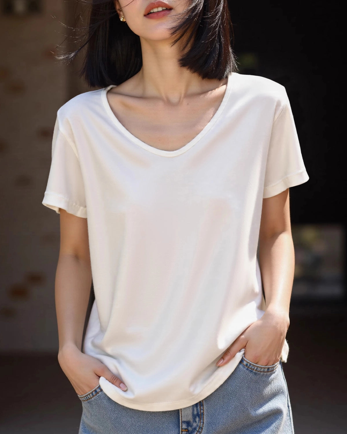 Women’s Silk Jersey V Neck Tee, White