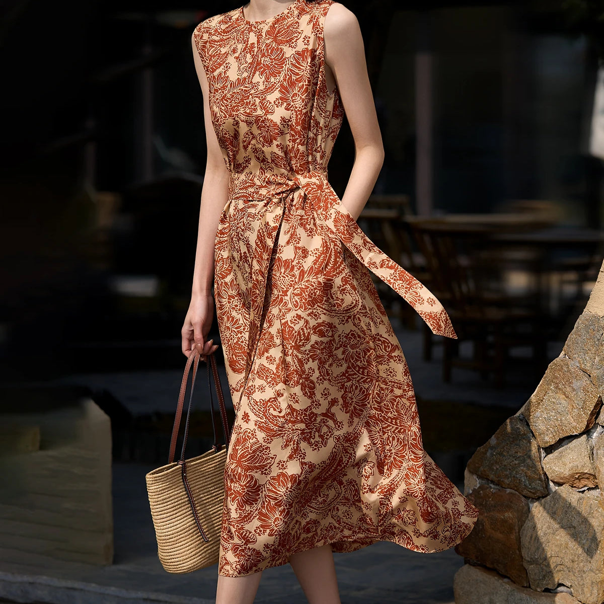 knee length dresses for ladies DaisySilk Terracotta Paisley Print Silk Midi Dress with Belt – DAISYSILK