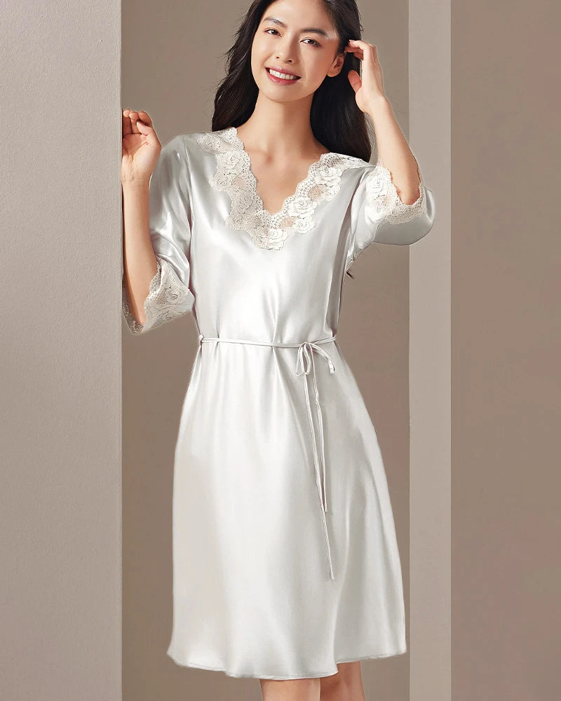 Washable Silk Lace Trim Nightgown, White