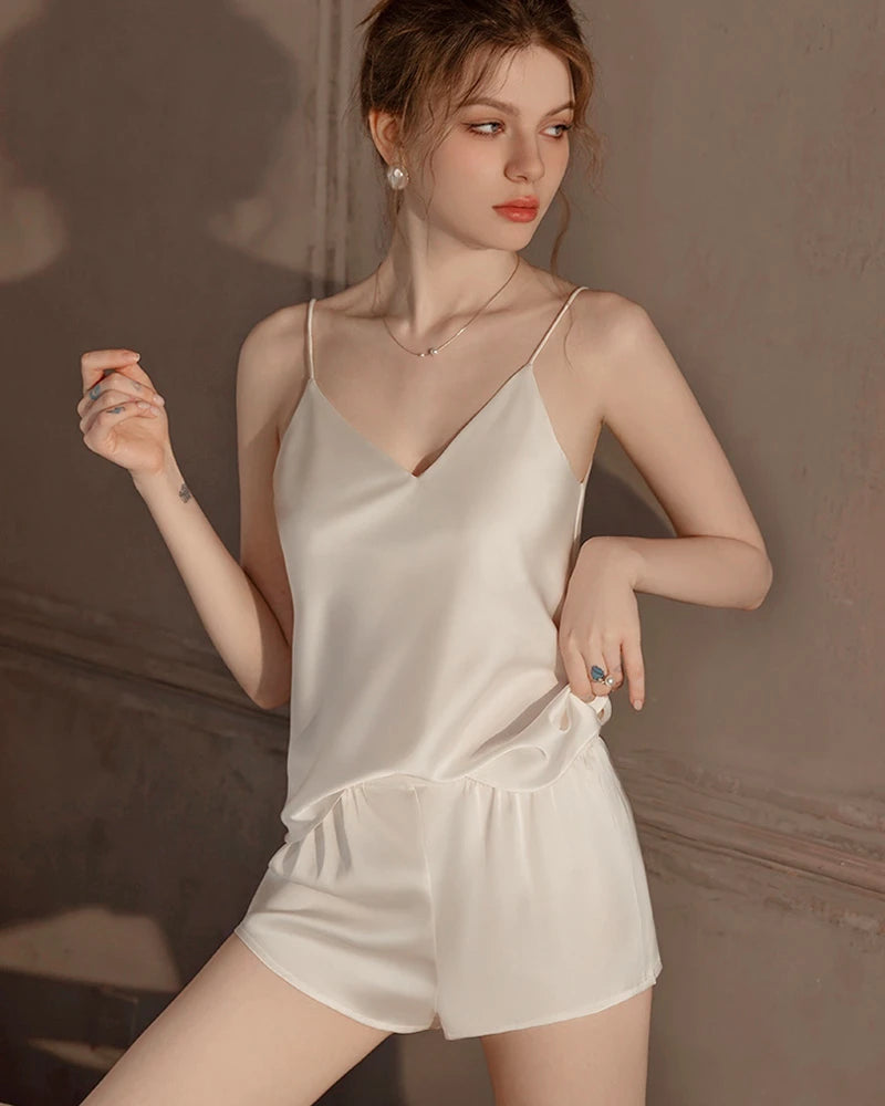 Washable Silk PJ Shorts Set, White