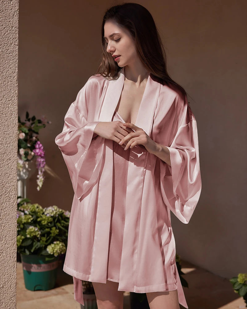 Washable Silk Short Robe for Women, Pink