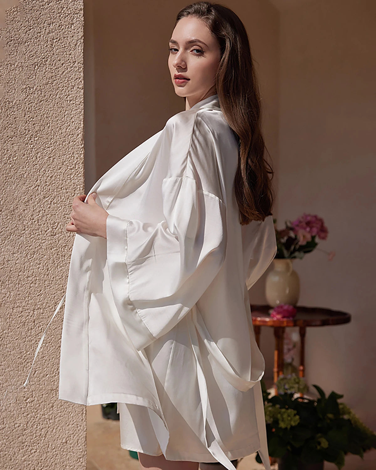 Washable Silk Short Robe for Women, White