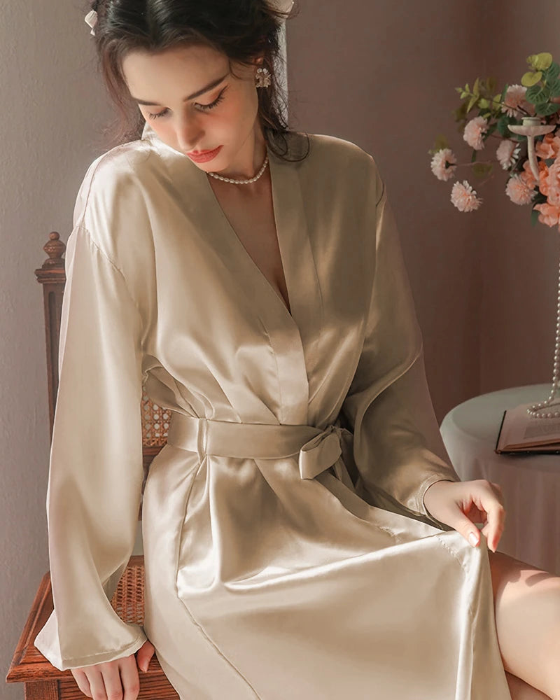 Midi Washable Silk Robe, Champagne