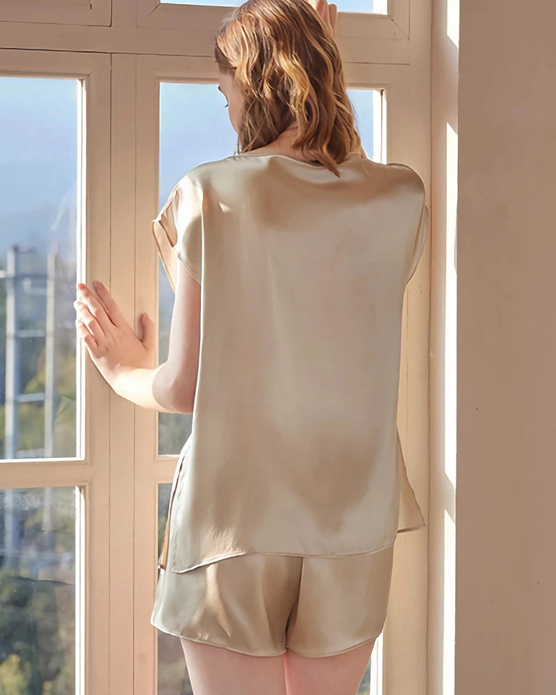 Washable Silk Short Sleeve Pajama Set, Champagne