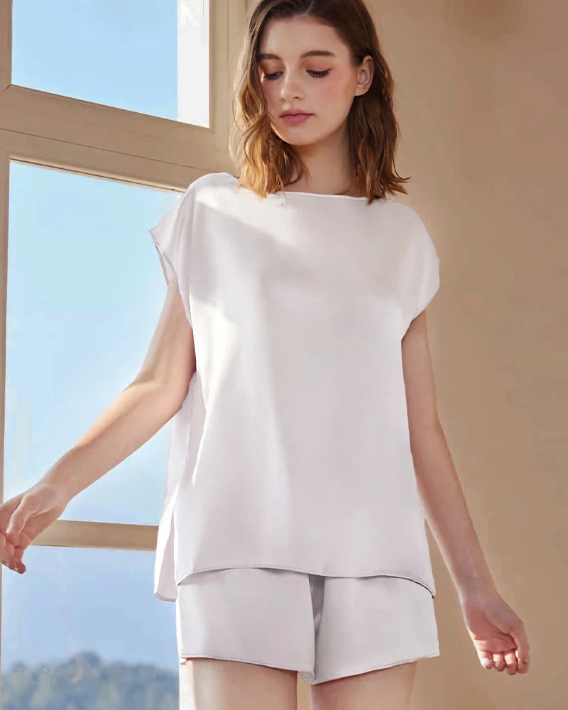Washable Silk Short Sleeve Pajama Set, White