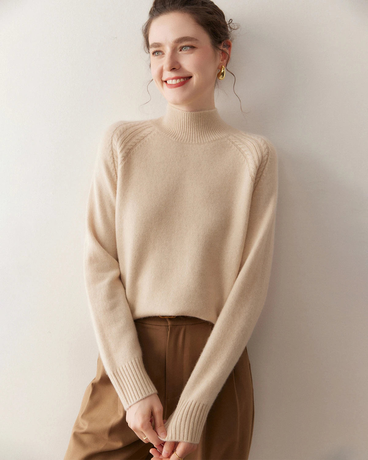 Mock Neck Cable Knit Cashmere Sweater - DAISYSILK