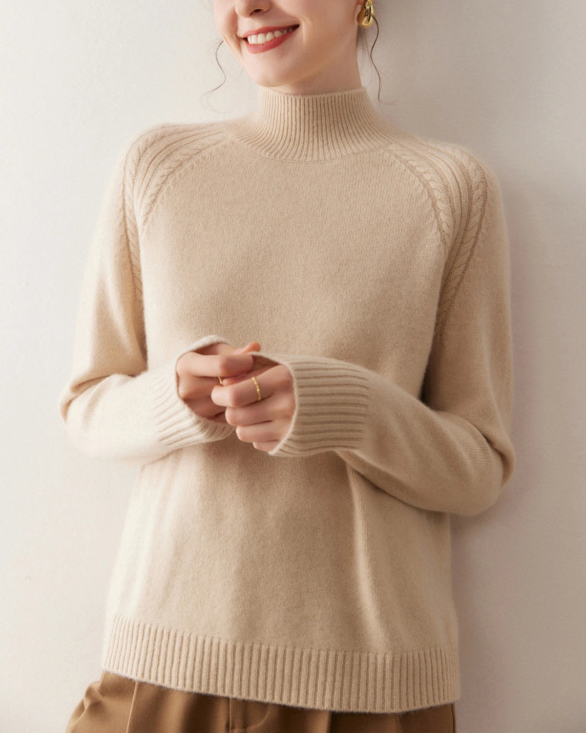 Mock Neck Cable Knit Cashmere Sweater - DAISYSILK