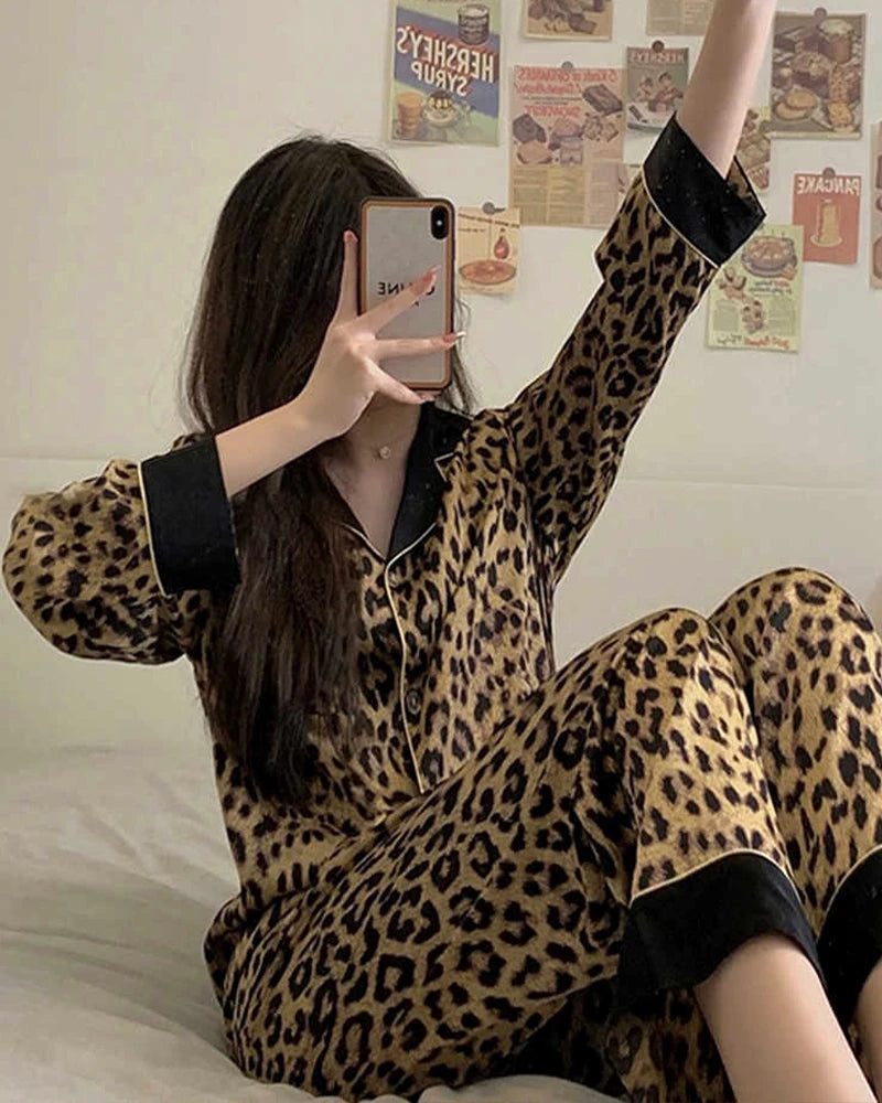 Wide Hem Leopard Silk Pajama Set, Leopard Print