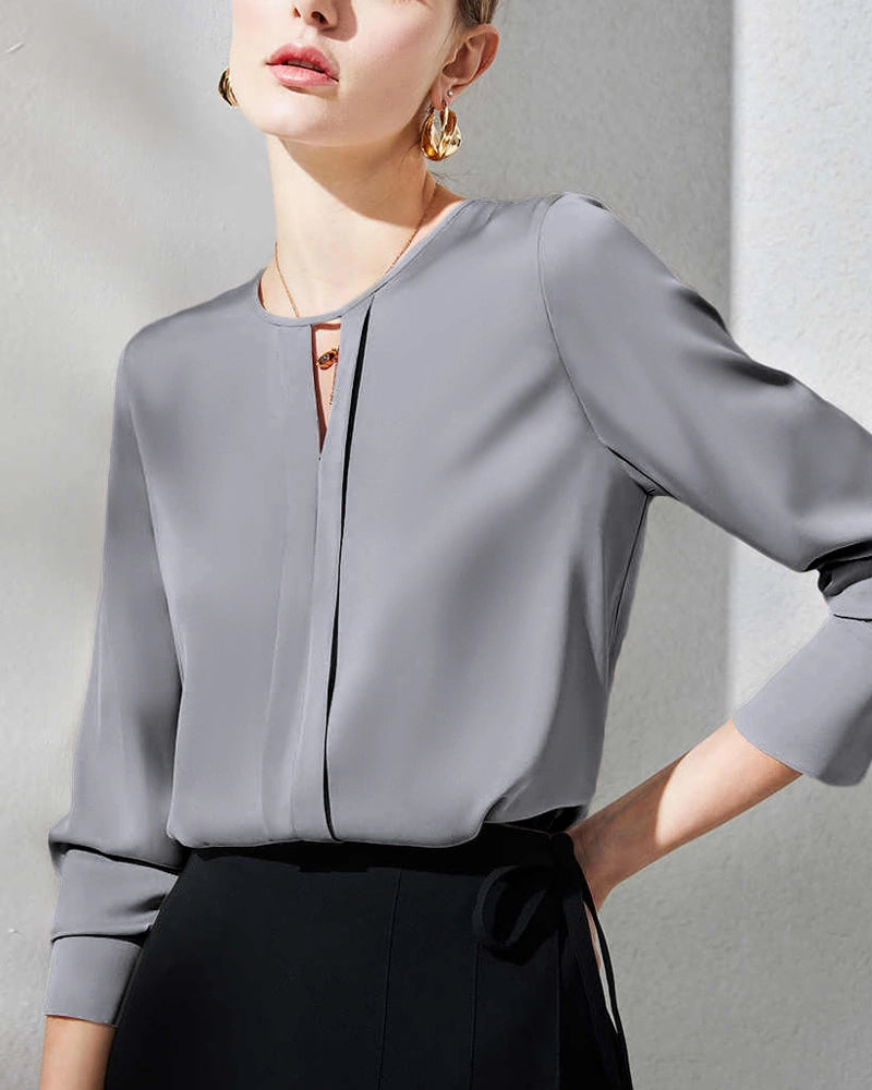 Women's Silk Blouse with Slit, Grey