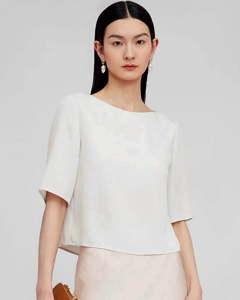 DaisySilk Women's Short Sleeve Round Neck Cropped Silk Shirt