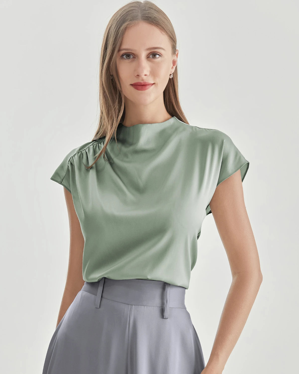 Stand Collar Cap Sleeve Silk Shirt, Light Green