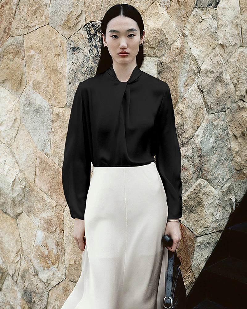 25 Momme Silk Knot Neck Long Sleeve Blouse - DAISYSILK