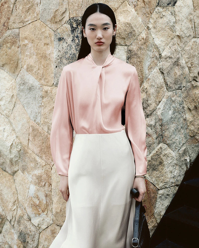 25 Momme Silk Knot Neck Long Sleeve Blouse - DAISYSILK