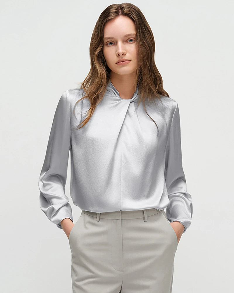 25 Momme Silk Knot Neck Long Sleeve Blouse - DAISYSILK