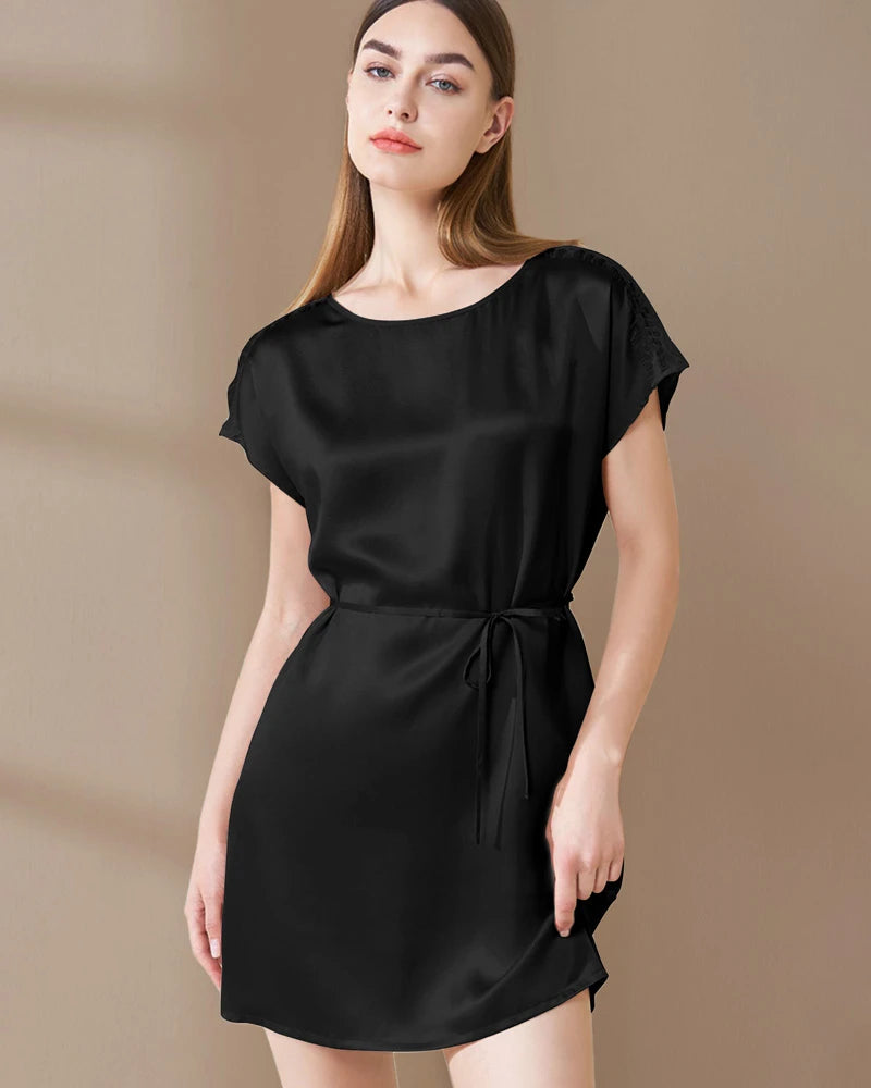 Washable Silk and Lace Pajama Dress, Black