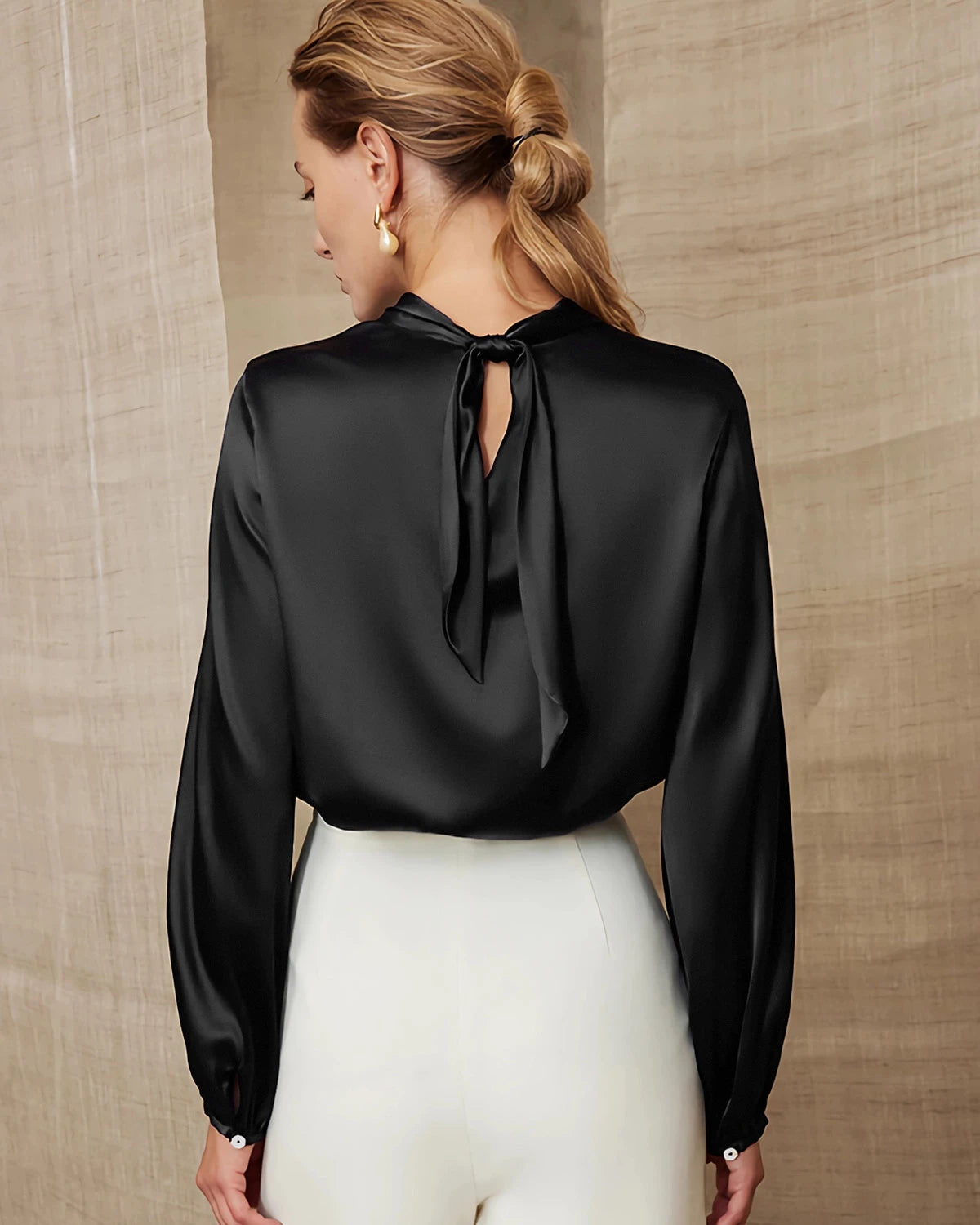 Silk Blouse with Ruched Neck and Tie Back - DAISYSILK
