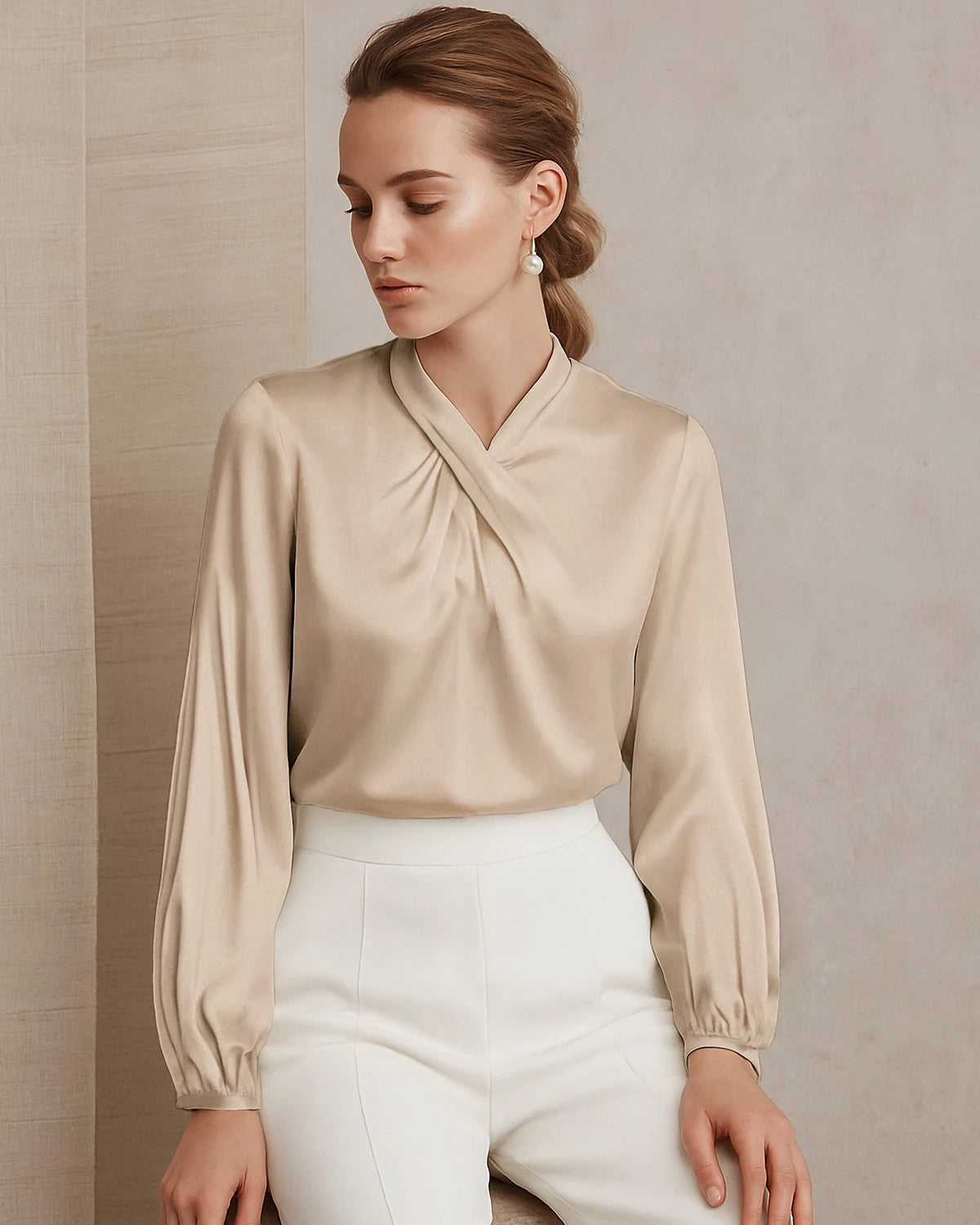 Silk Blouse with Ruched Neck and Tie Back - DAISYSILK