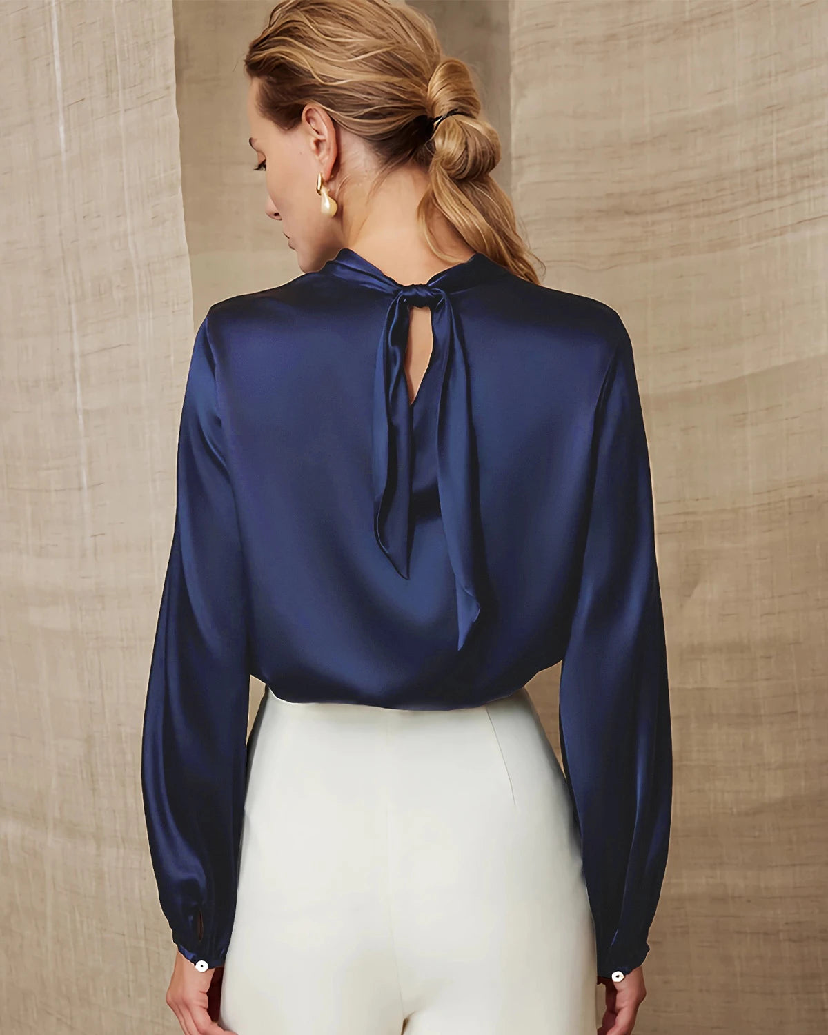Silk Blouse with Ruched Neck and Tie Back - DAISYSILK
