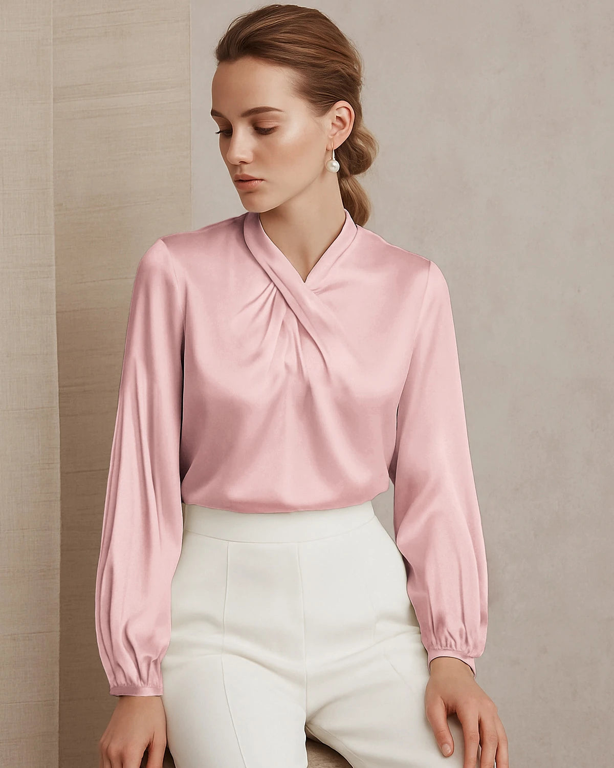 Silk Blouse with Ruched Neck and Tie Back - DAISYSILK
