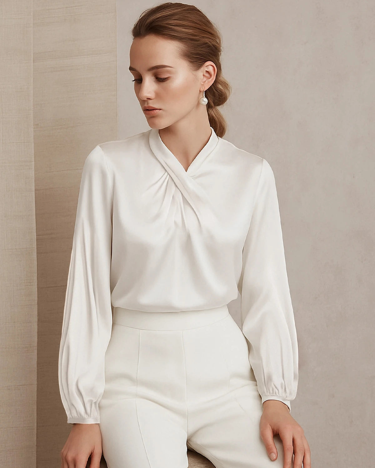 Silk Blouse with Ruched Neck and Tie Back - DAISYSILK