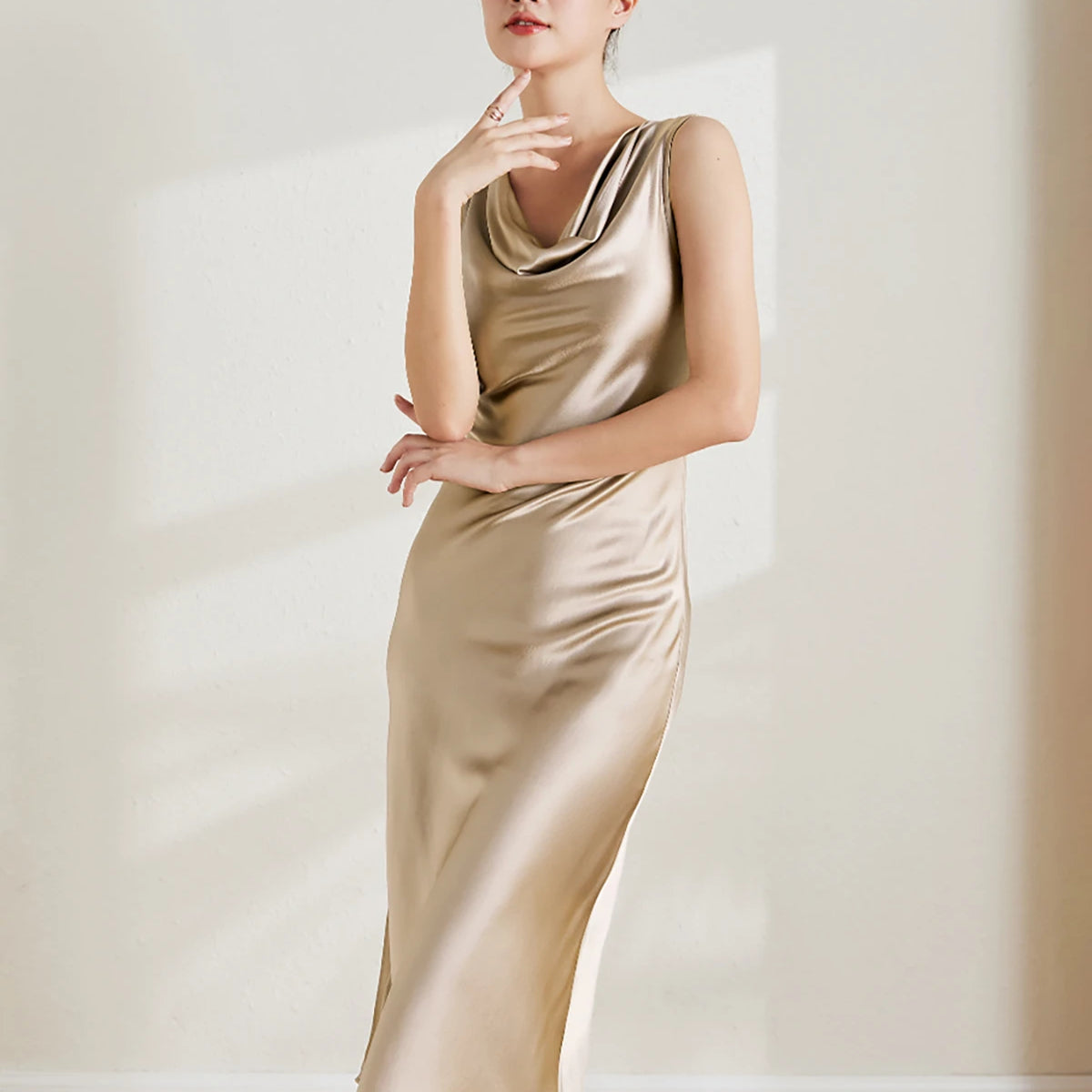 sleeveless silk midi dress Donna Karan New York Women's Sleeveless Boat Neck Midi Dress - Light Gold