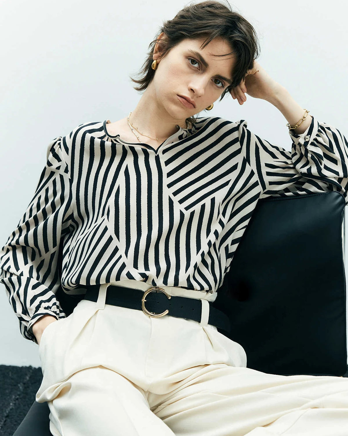 Geometric Stripe Silk Blouse, Black and White