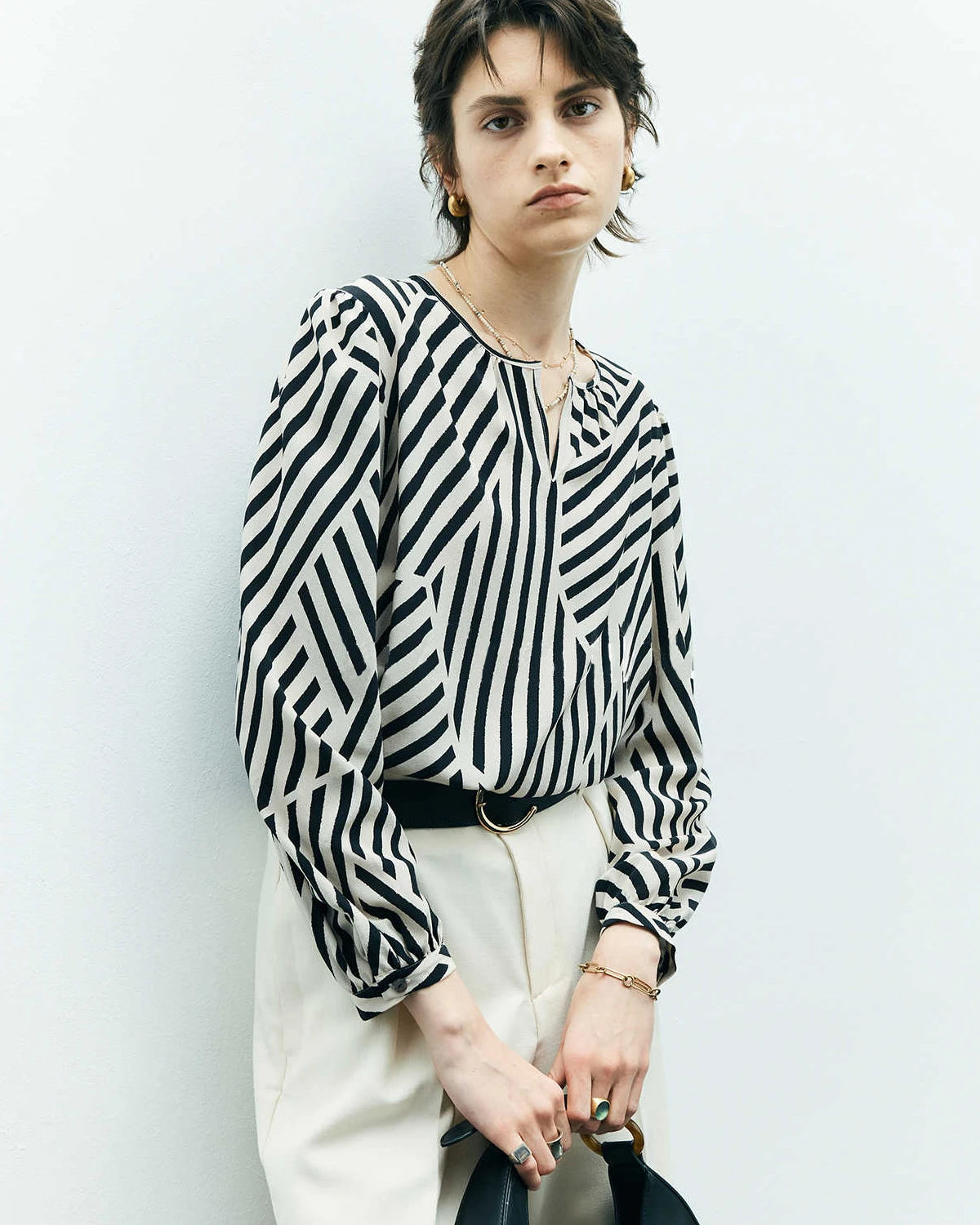 Geometric Stripe Silk Blouse, Black and White