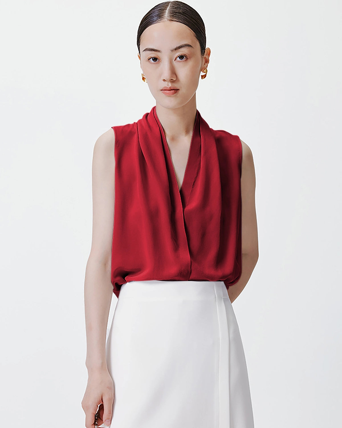 V-neck Pleated Silk Tank Top, Red