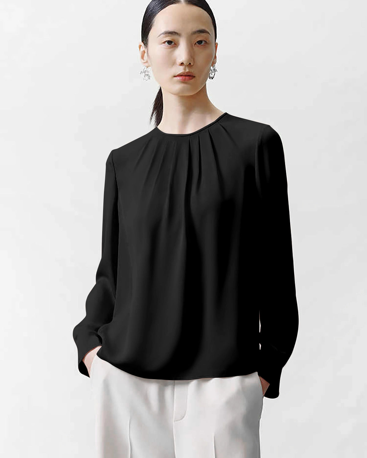 Crew Neck Pleated Silk Blouse, Black